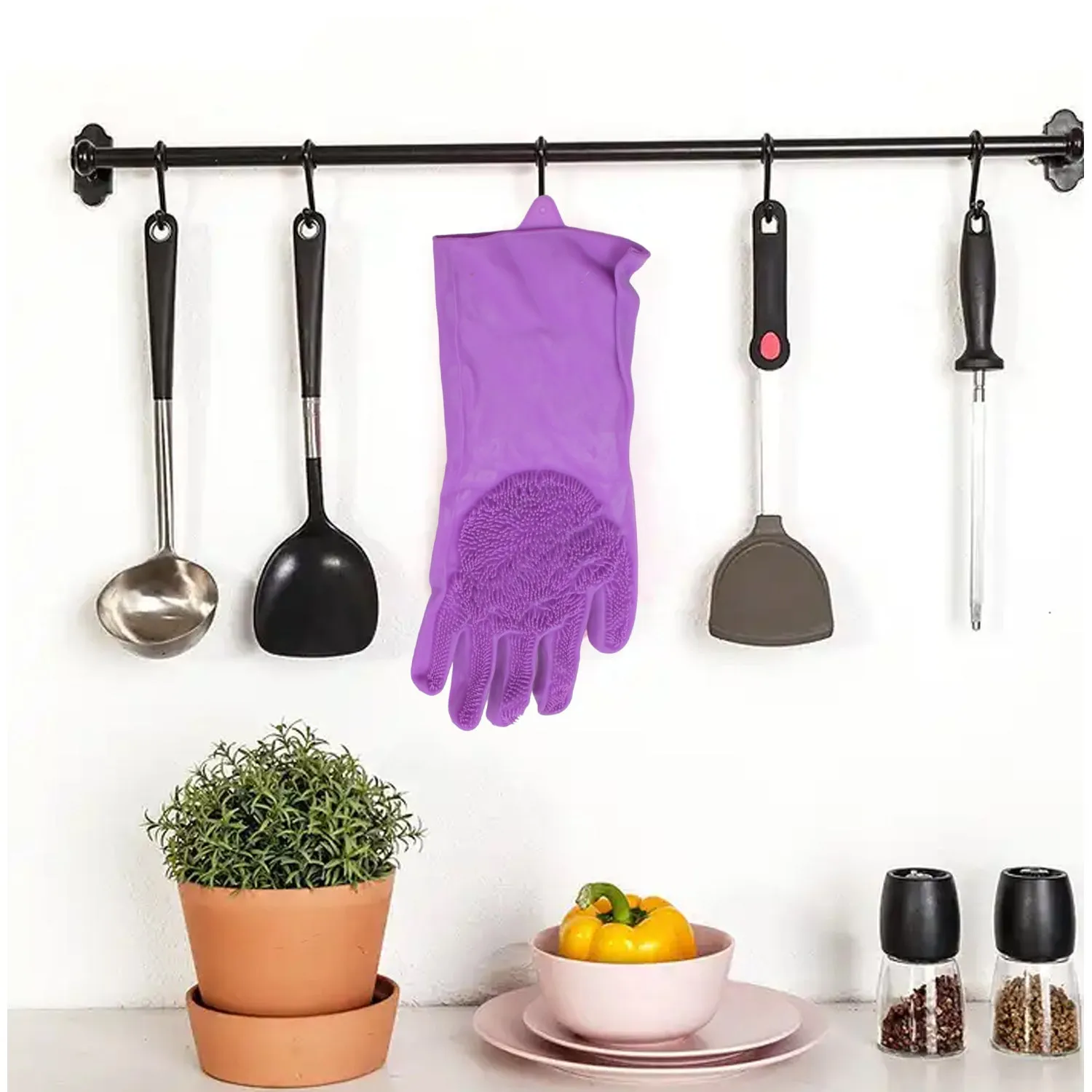 0712 Dishwashing Gloves with Scrubber| Silicone Cleaning Reusable Scrub Gloves for Wash Dish Kitchen| Bathroom| Pet Grooming Wet and Dry Glove (1 Pc Left Hand Gloves)