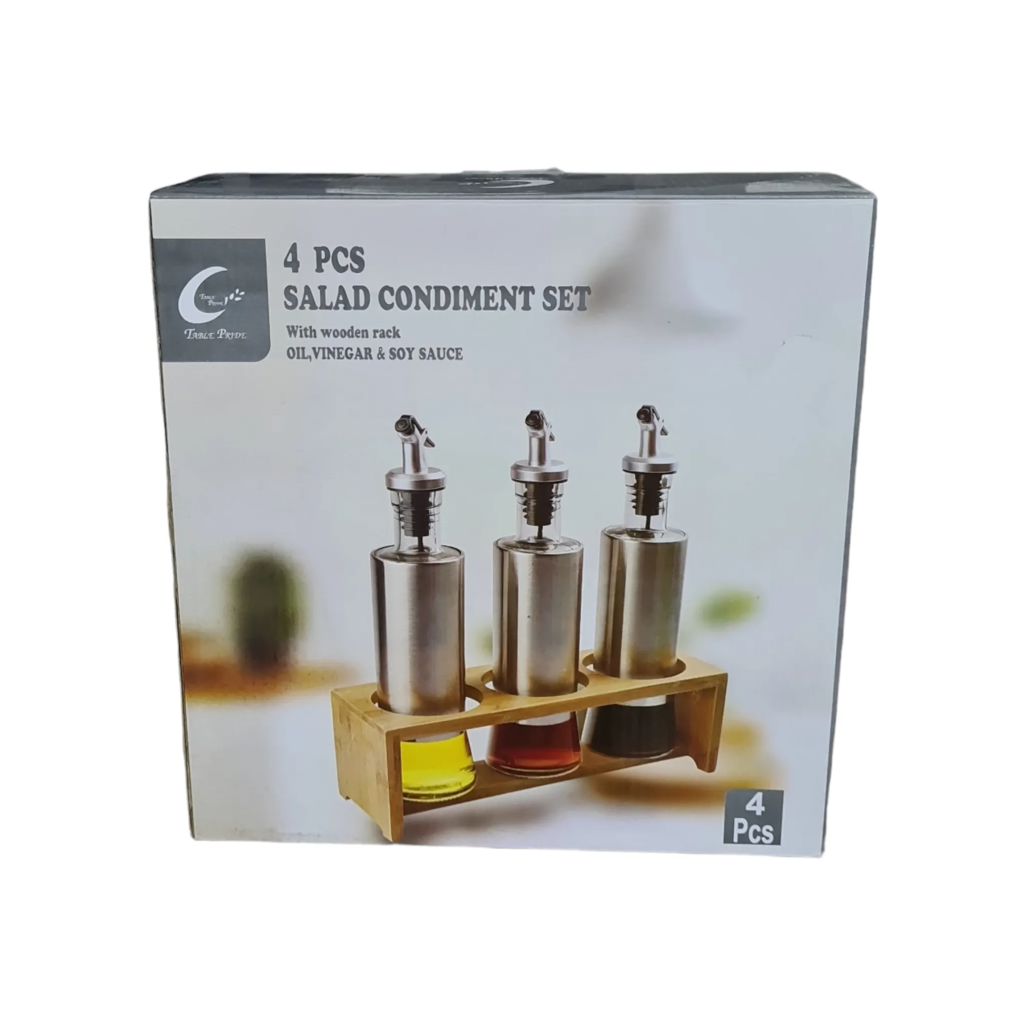 4 piece Oil Dispenser Bottle On Wood Stand