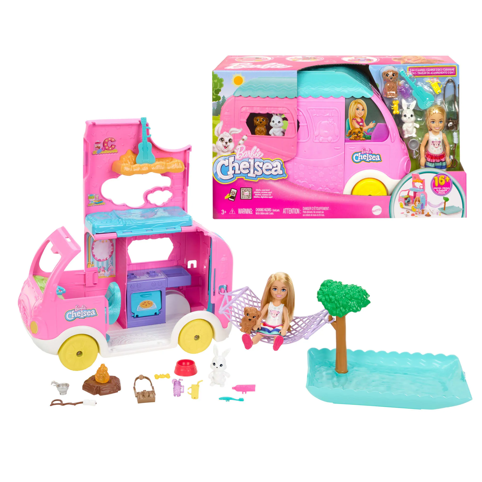 Barbie Chelsea 2-in-1 Camper Playset With Chelsea Small Doll, 2 Pets & 15 Accessories