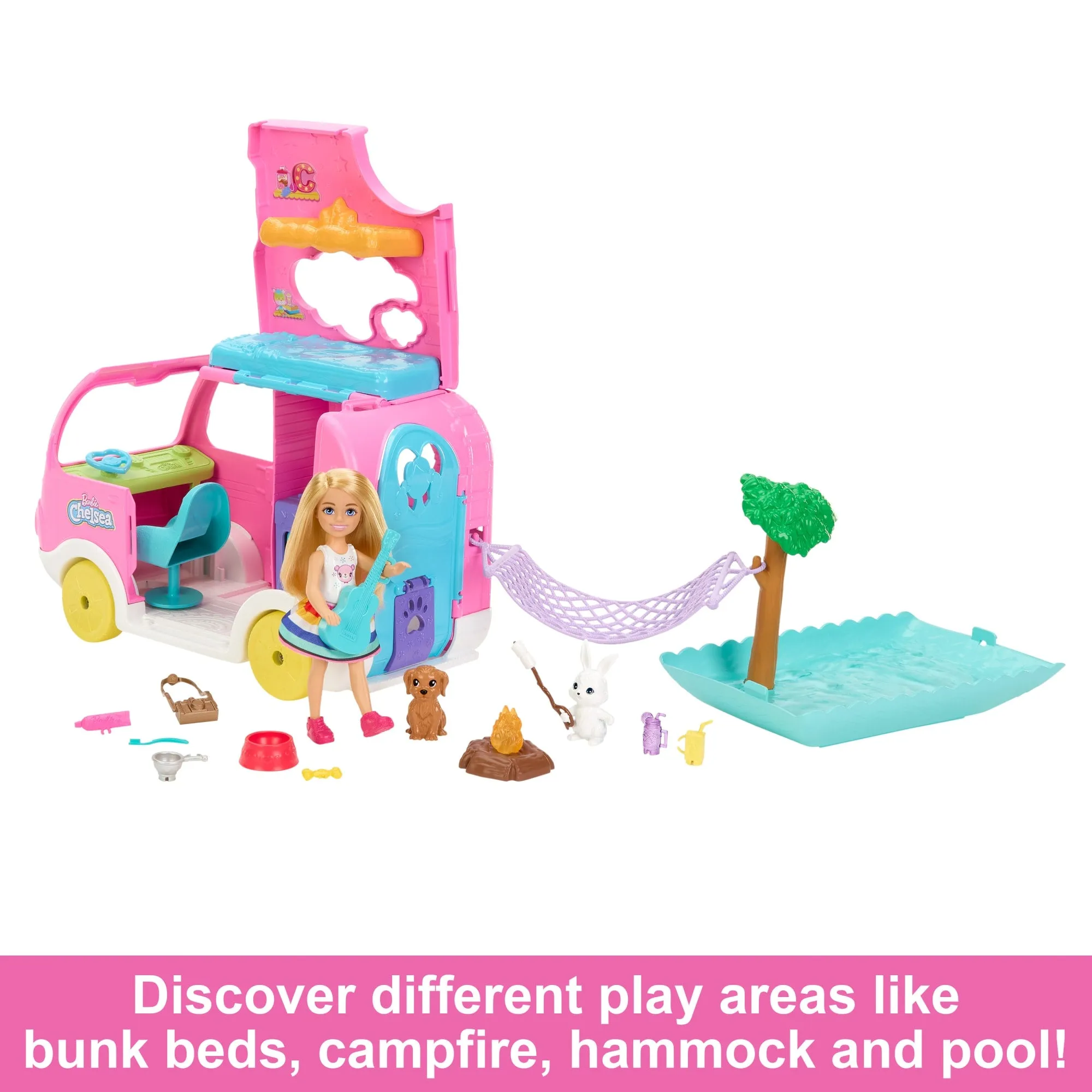 Barbie Chelsea 2-in-1 Camper Playset With Chelsea Small Doll, 2 Pets & 15 Accessories