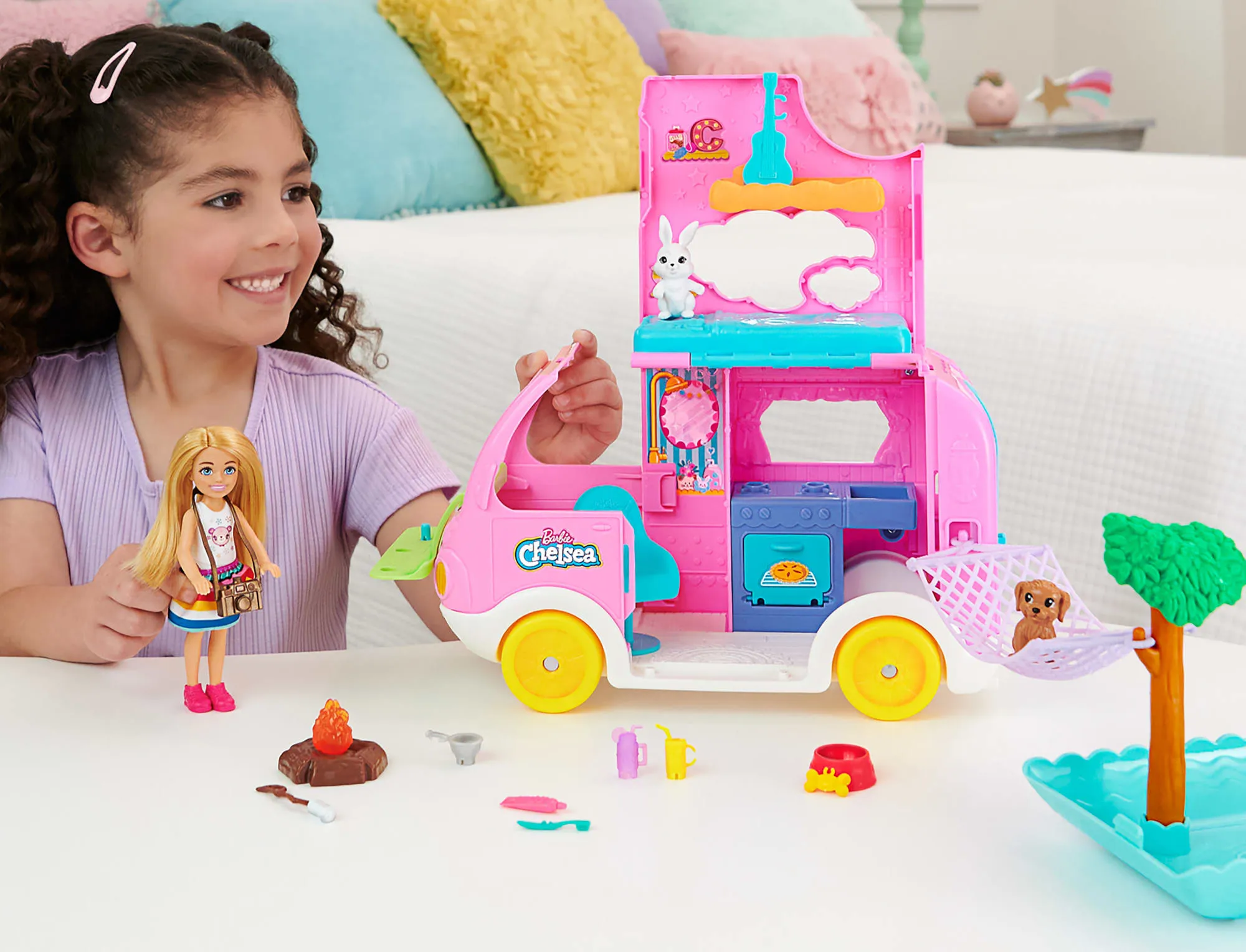 Barbie Chelsea 2-in-1 Camper Playset With Chelsea Small Doll, 2 Pets & 15 Accessories