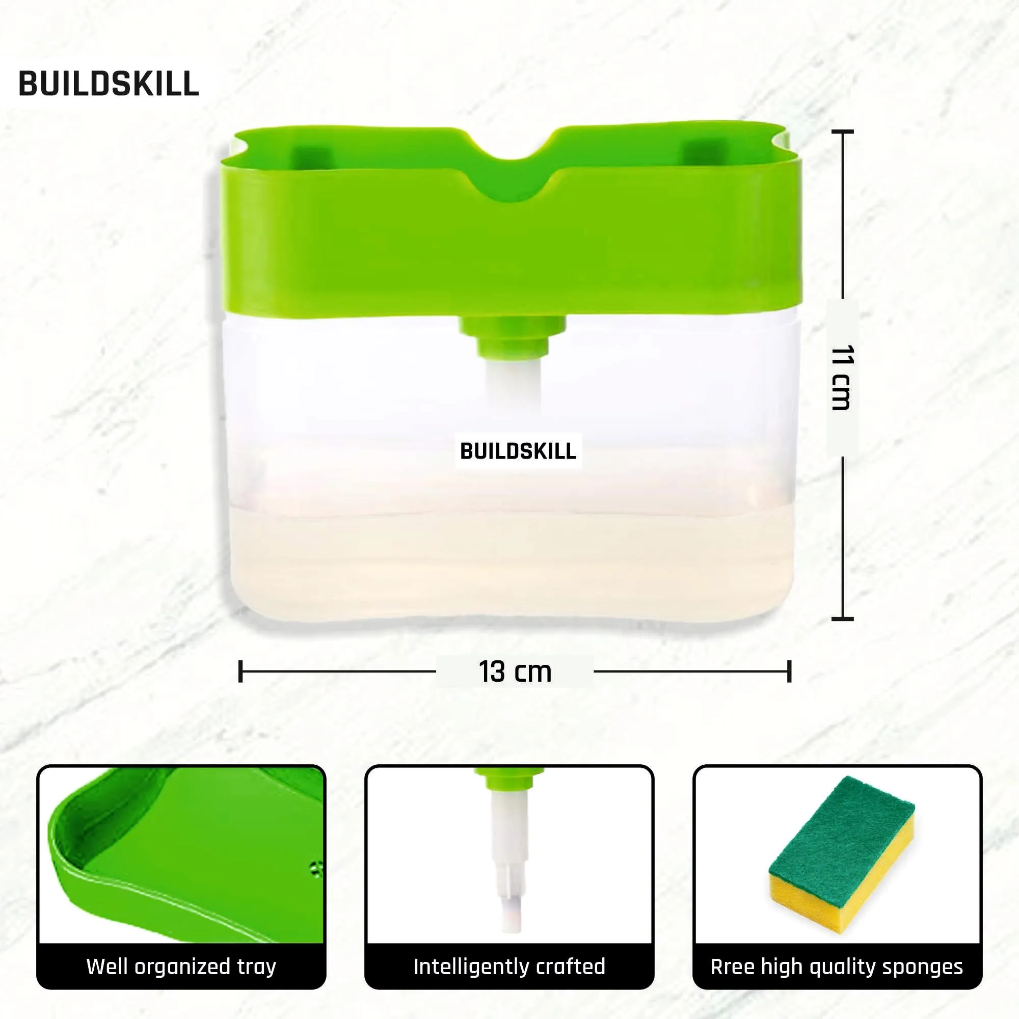 Buildskill Kitchen Liquid Dispenser - Transparent, Easy Refill Soap Dispenser for Bathroom & Kitchen, Durable 1-Hand Pump, Ideal for Commercial Use in Office, School, Hotel Green - (Pack of 3)