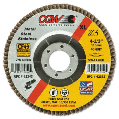 CGW Abrasives Premium Z3 XL T29 Flap Disc, 4 1/2", 60 Grit, 7/8 Arbor, 13,300 rpm, 42364