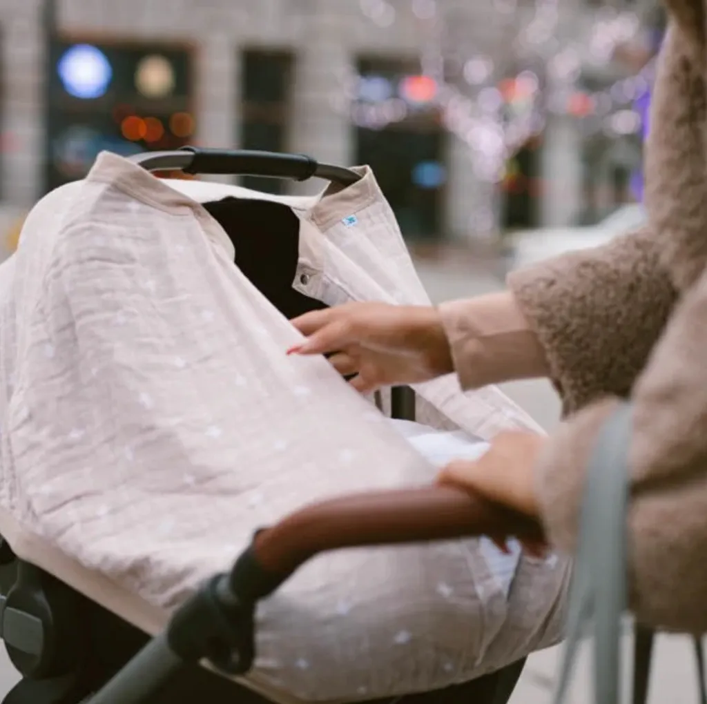 Cotton Muslin Car Seat Canopy-Taupe Cross