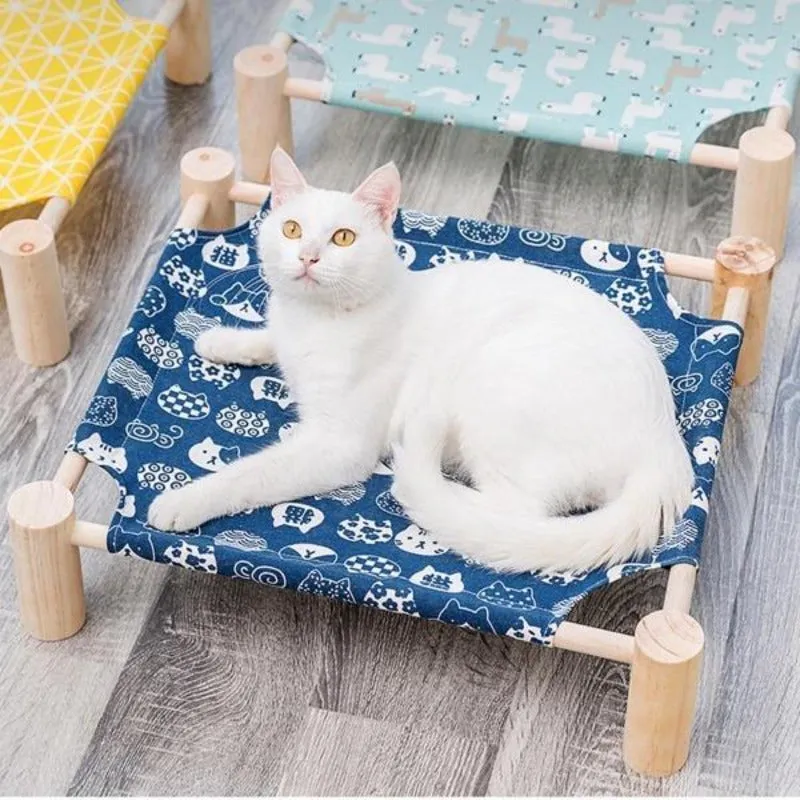 Daisy Elevated Cat Bed Hammock Natural Wood Linen Canvas Lounger