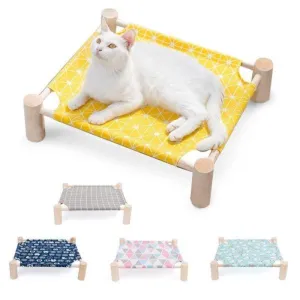 Daisy Elevated Cat Bed Hammock Natural Wood Linen Canvas Lounger