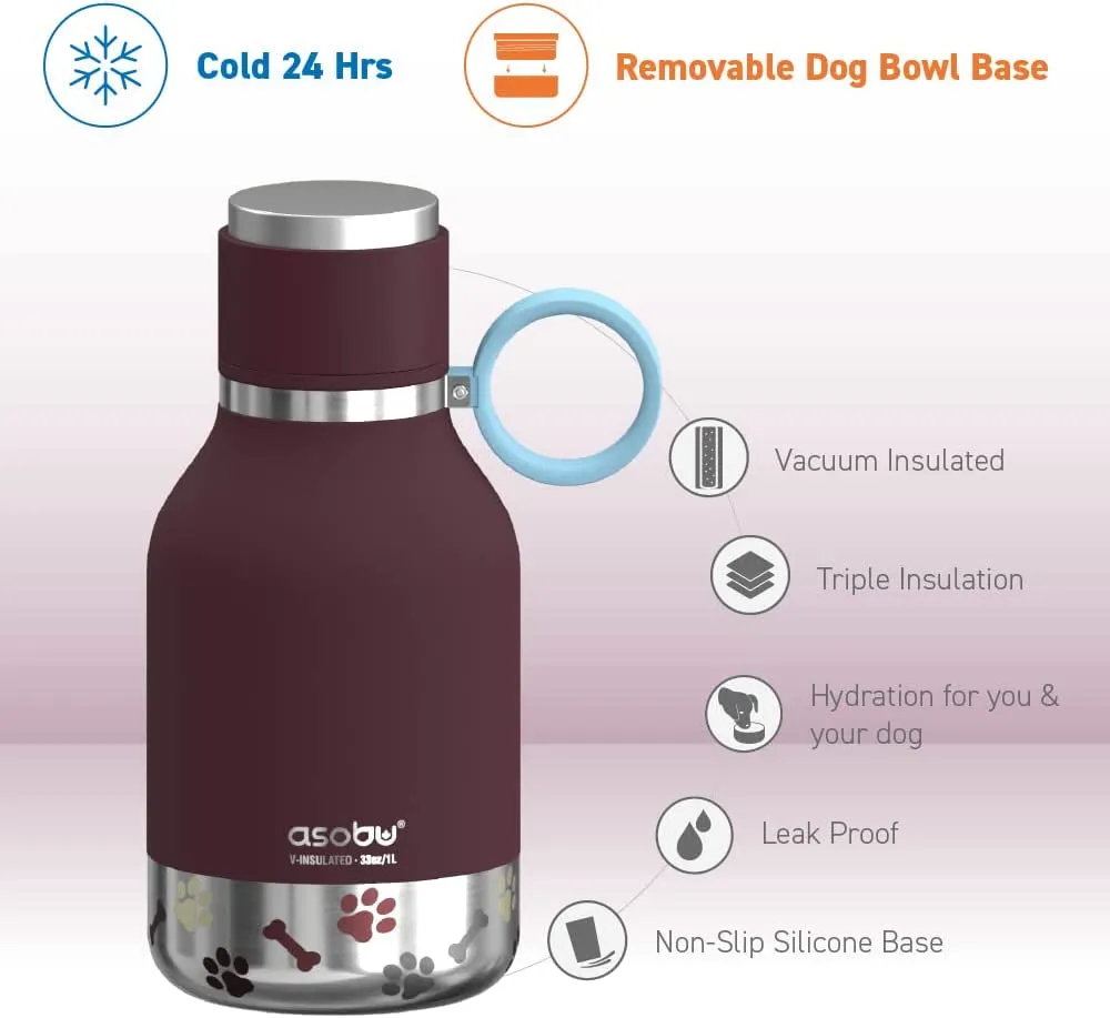 “Dog Bowl Travel Bowl” Dog Bowl Attached to Stainless Steel Insulated Travel Bottle for Human 33 Ounce (Burgundy)