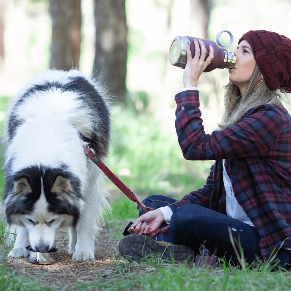 “Dog Bowl Travel Bowl” Dog Bowl Attached to Stainless Steel Insulated Travel Bottle for Human 33 Ounce (Burgundy)