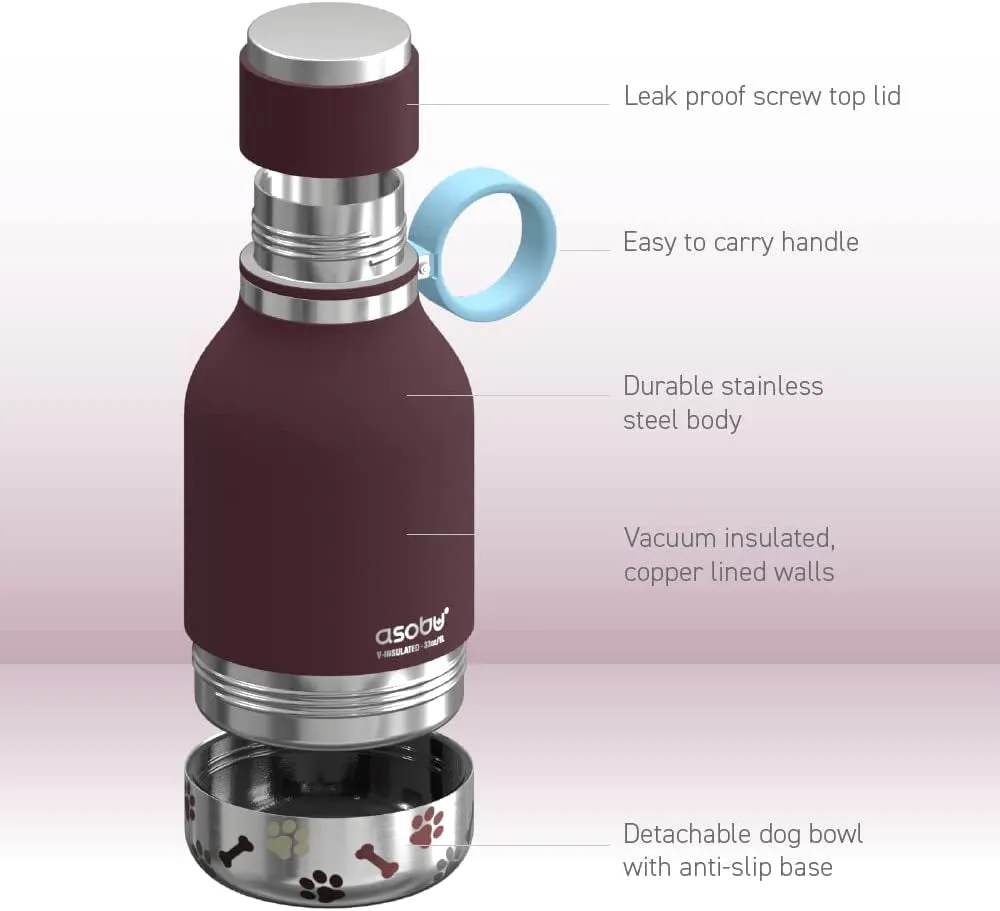 “Dog Bowl Travel Bowl” Dog Bowl Attached to Stainless Steel Insulated Travel Bottle for Human 33 Ounce (Burgundy)