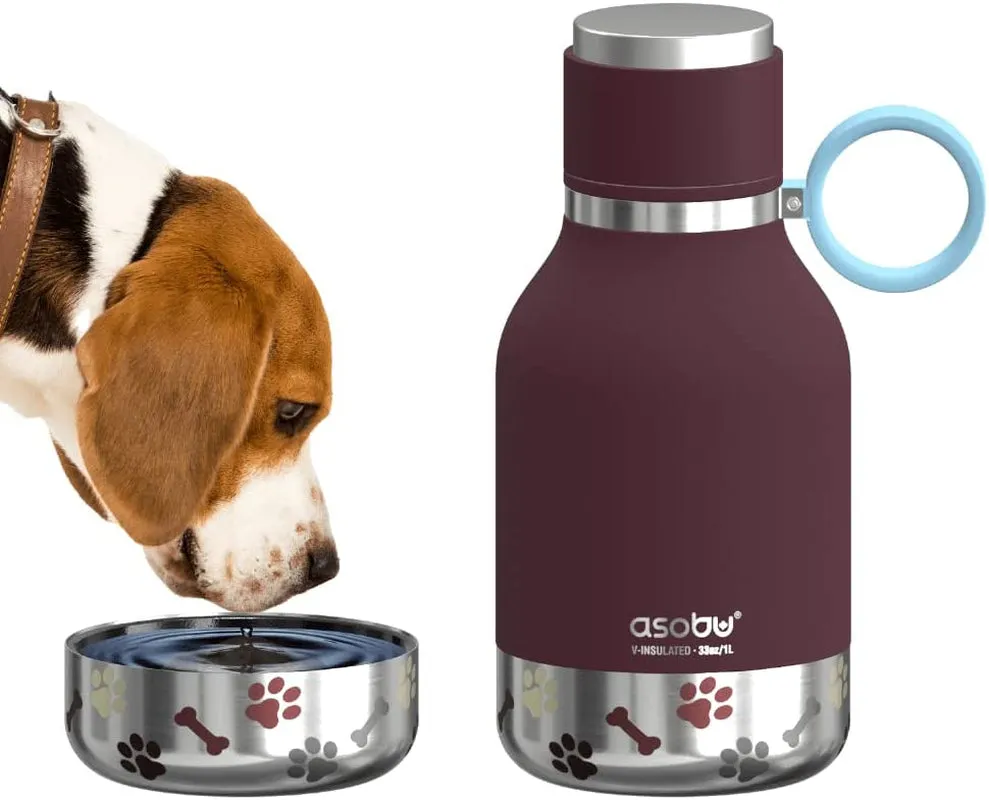 “Dog Bowl Travel Bowl” Dog Bowl Attached to Stainless Steel Insulated Travel Bottle for Human 33 Ounce (Burgundy)