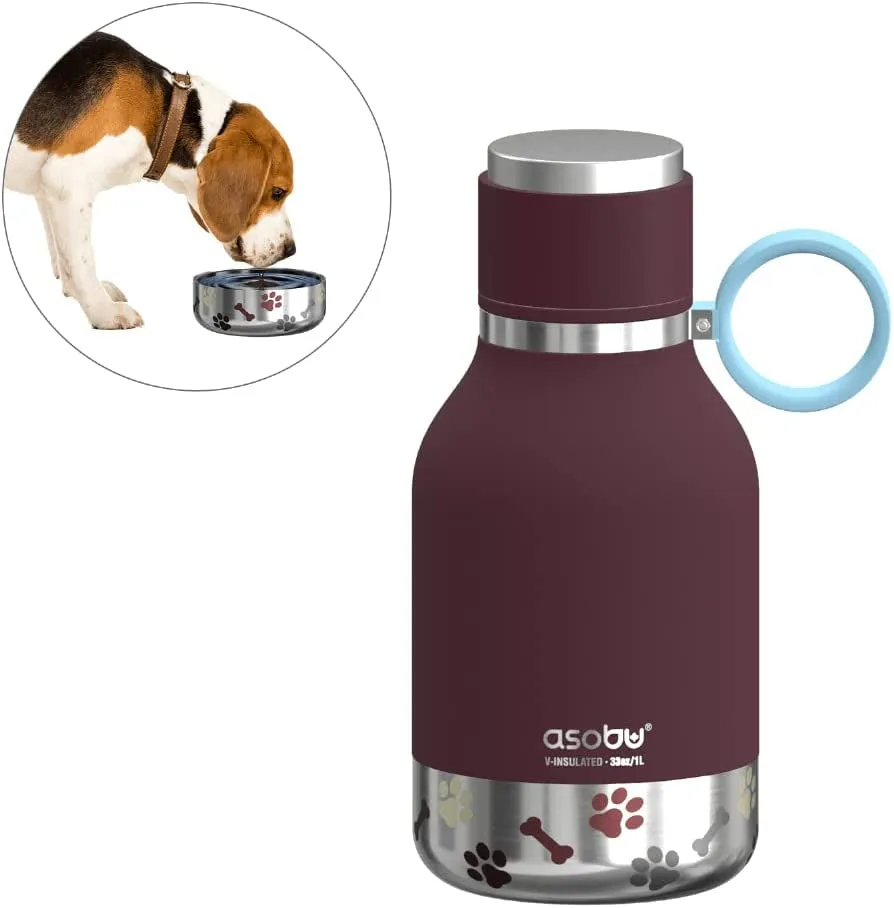 “Dog Bowl Travel Bowl” Dog Bowl Attached to Stainless Steel Insulated Travel Bottle for Human 33 Ounce (Burgundy)