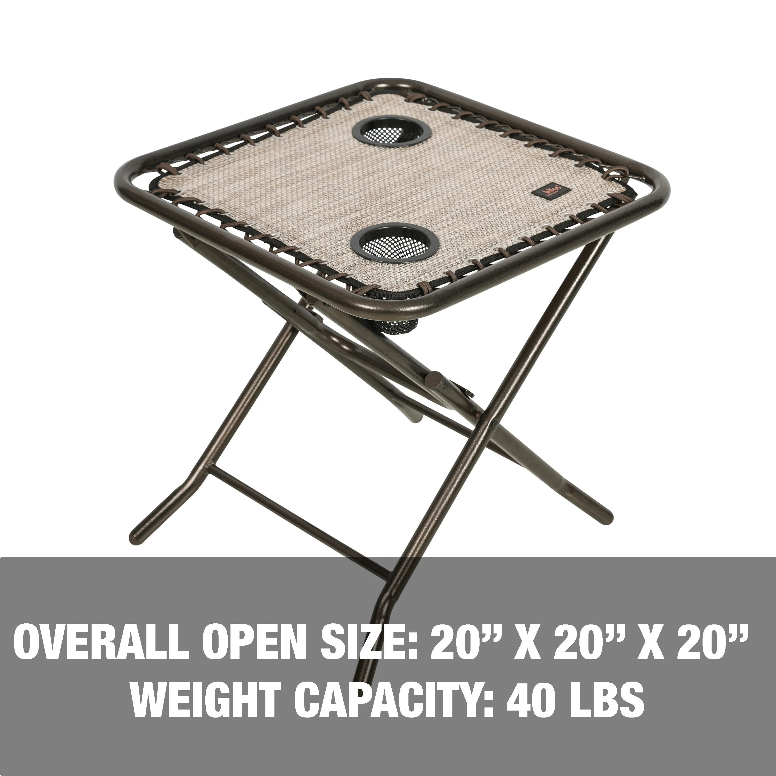 Folding Side Table w/ 2 Built-In Cup Holders | 20-in. Surface | Weather Resistant | 40 Lb. Capacity