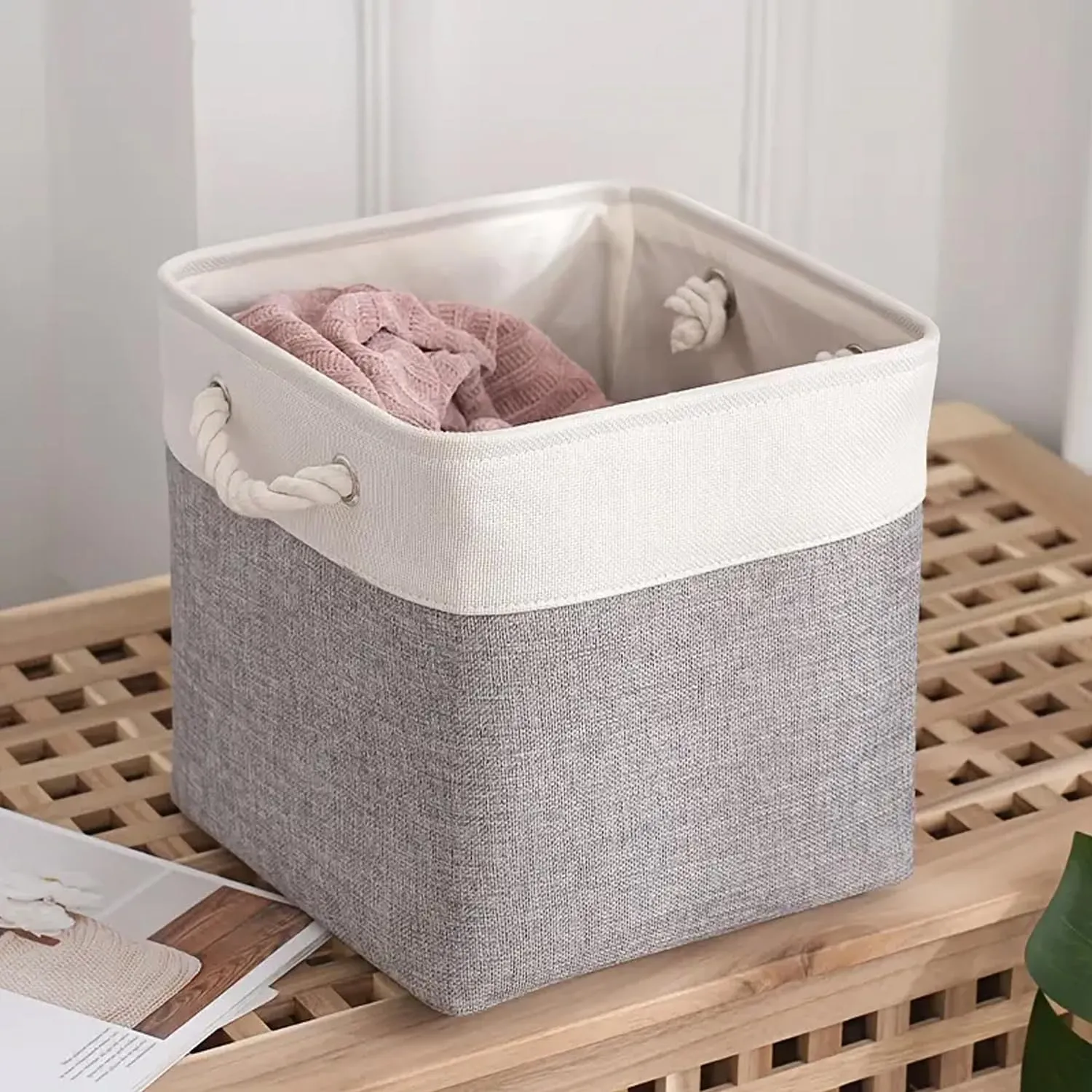 Kuber Industries Foldable Storage Basket|Polyester Toy Storage Bin|Wardrobe Organizer For Clothes (Grey & White)