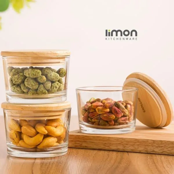 LIMON GLASS CONTAINER WITH WOODEN LID 3PCS