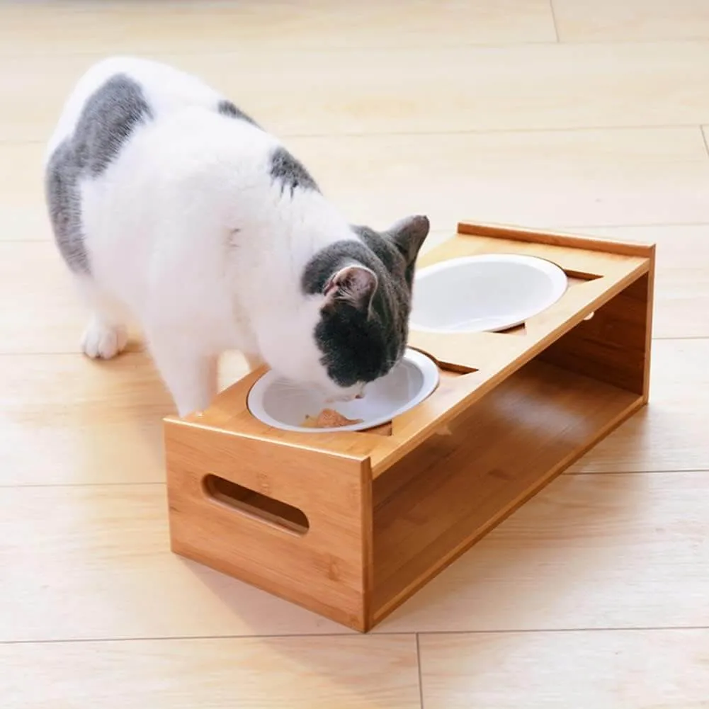 Minimalist Bamboo Double Bowl Elevated Ceramic Bowl for Small Dogs Cats