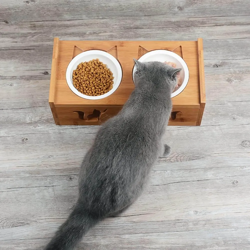 Minimalist Bamboo Double Bowl Elevated Ceramic Bowl for Small Dogs Cats