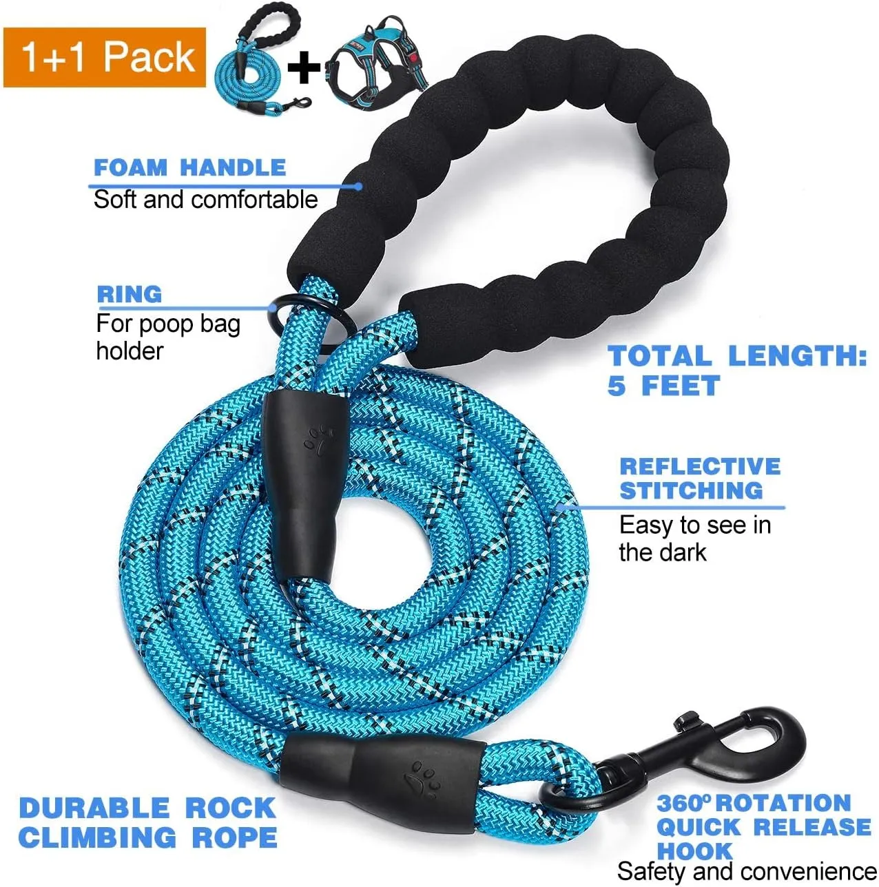 No Pull Dog Harness Adjustable Reflective Oxford Easy Control Medium Large Dog Harness with a Free Heavy Duty 5Ft Dog Leash (L (Neck: 18"-25.5", Chest: 24.5"-33"), Blue Harness Leash)