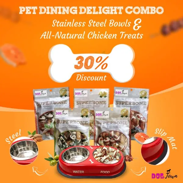 Pet Dining Delight Combo: Stainless Steel Bowls   All-Natural Chicken Treats | Save 30%