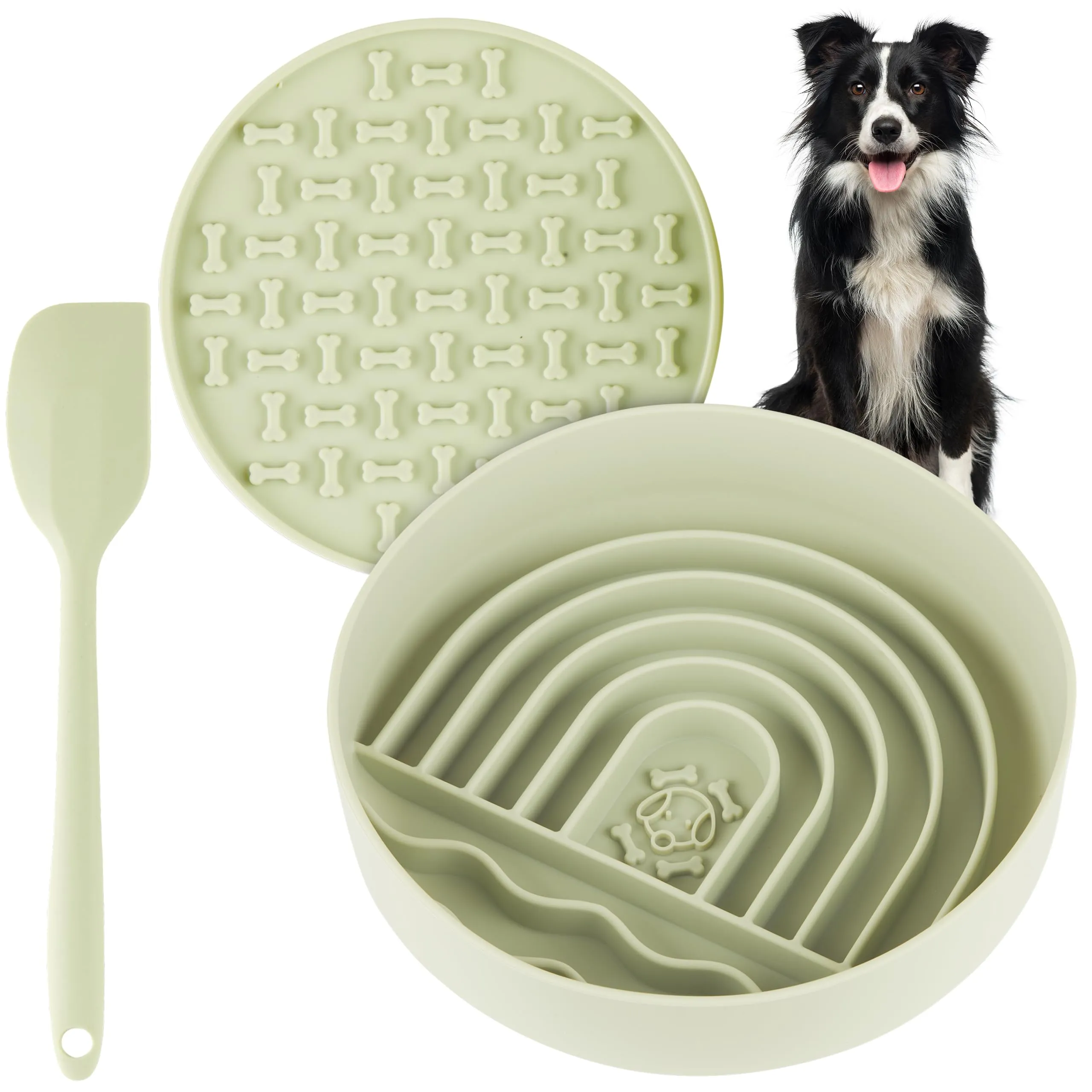 Silicone Slow Feeder Dog Bowl Set - Bowl, Lick Mat, Spatula - Silicone Slow