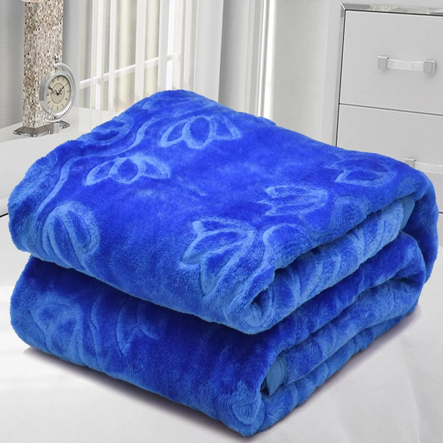 SoftTouchy 500 TC Floral Embossed Mink Blanket for Double Bed Blanket | Ultrasoft Lightweight Solid Blanket for Winter, Mild Winter (Navy Blue, Double - 87x85 Inch)