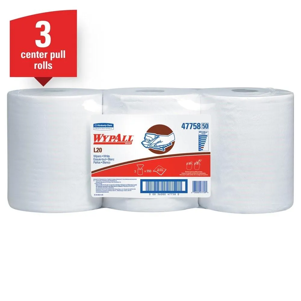 Wipers - WypAll® L20 Center-Pull Roll, White, 9.8" x 13.4" (Case of 3 Rolls), 47758