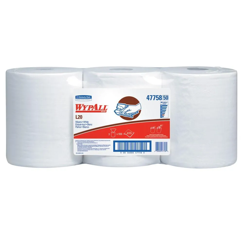 Wipers - WypAll® L20 Center-Pull Roll, White, 9.8" x 13.4" (Case of 3 Rolls), 47758