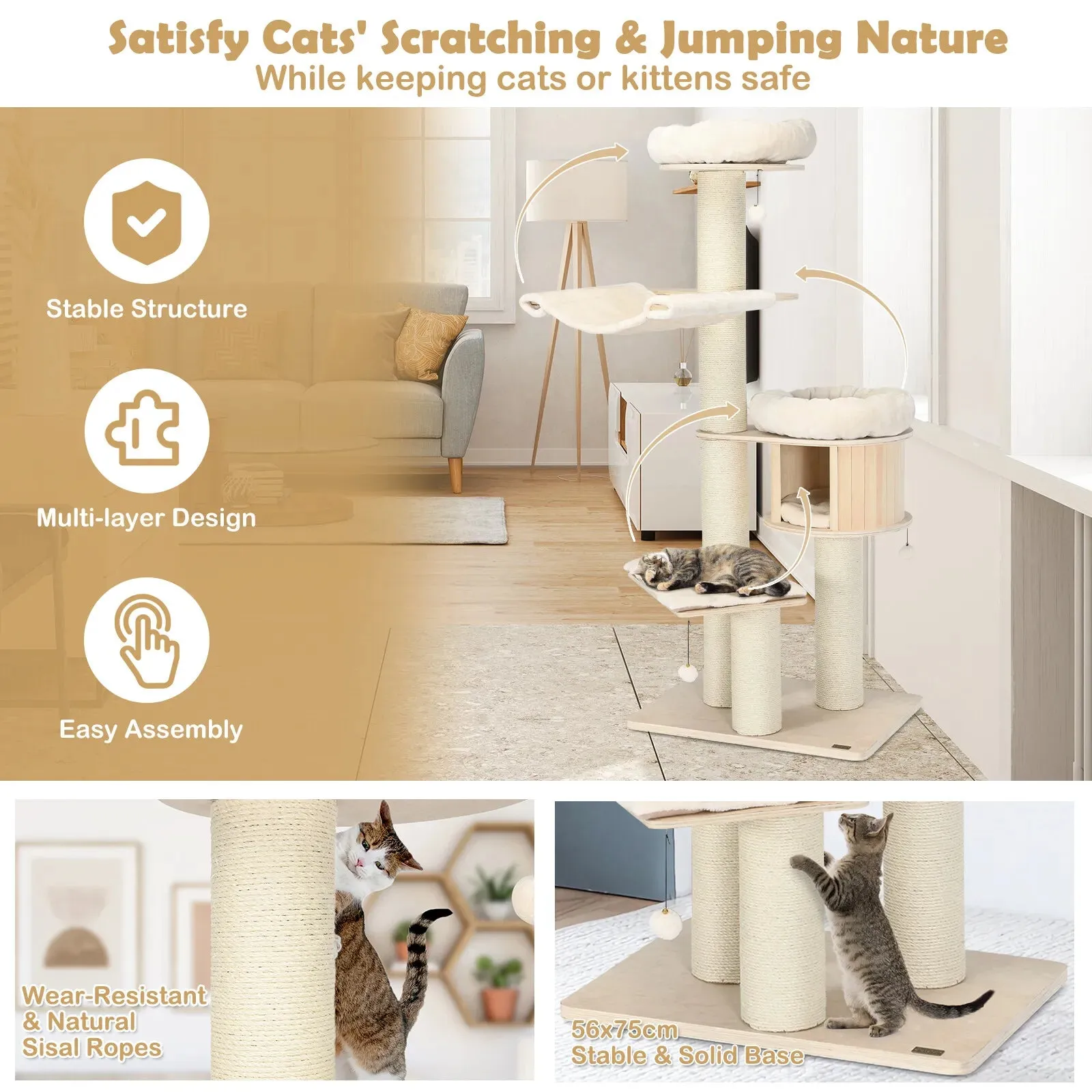 Wooden Cat Tree Scratching Post Scratcher Tower Condo House Cat Climb Furniture